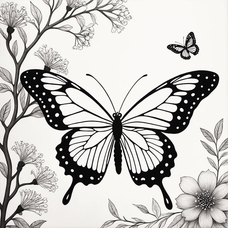정사각형 인테리어그림 캔버스액자 자연의 흑백 나비와꽃