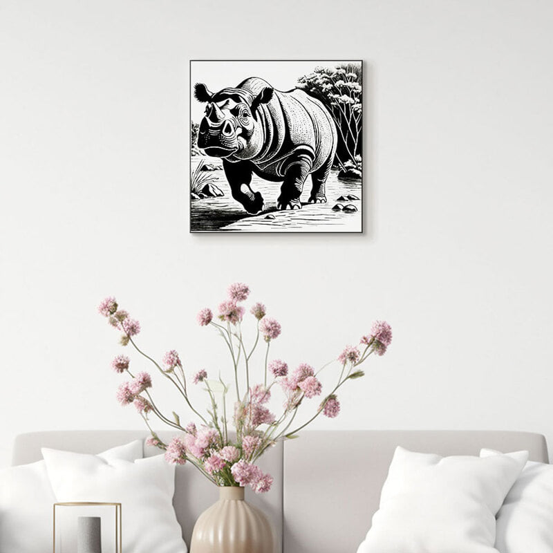 정사각형 인테리어그림 캔버스액자 코뿔소의 흑백 이미지
