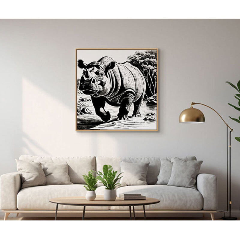 정사각형 인테리어그림 캔버스액자 코뿔소의 흑백 이미지