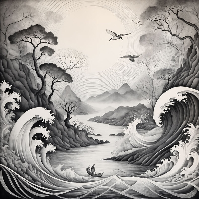 정사각형 인테리어그림 캔버스액자 바다와 산의 명상적 교향곡